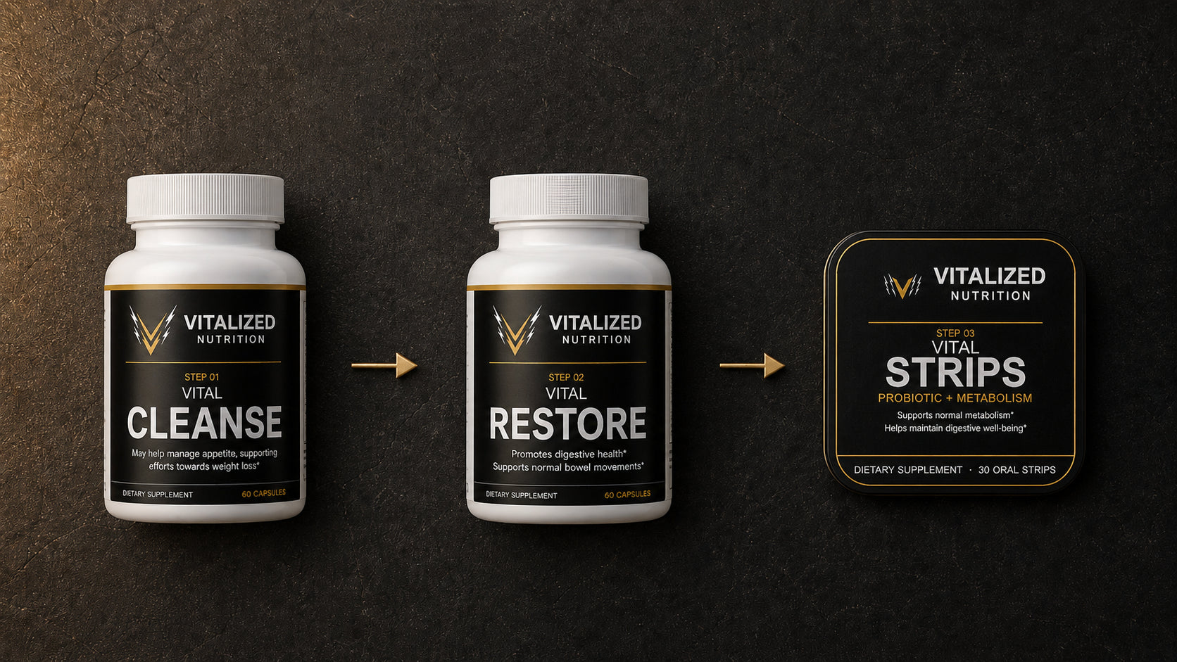 VITAL CLEANSE → VITAL RESTORE → VITAL STRIPS — the correct sequence