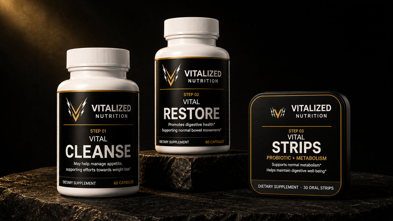 VITAL CLEANSE, VITAL RESTORE and VITAL STRIPS — the complete monthly gut health protocol